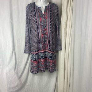 J.JILL SP S P Mixed Media Split Neck Pink Black Soft Knit Dress L/S Petite